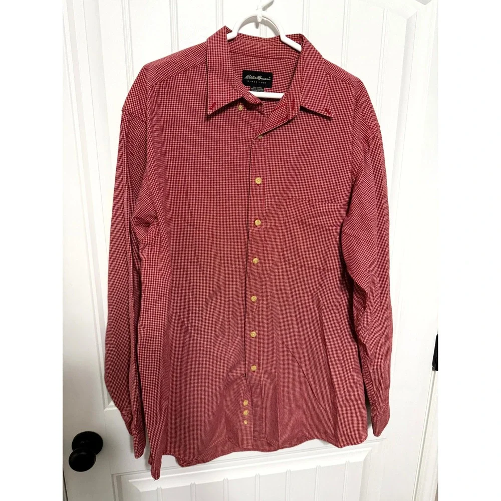 Eddie Bauer Button Down Shirt Mens XL Tall Red Gingham Check Cotton Long Sleeve